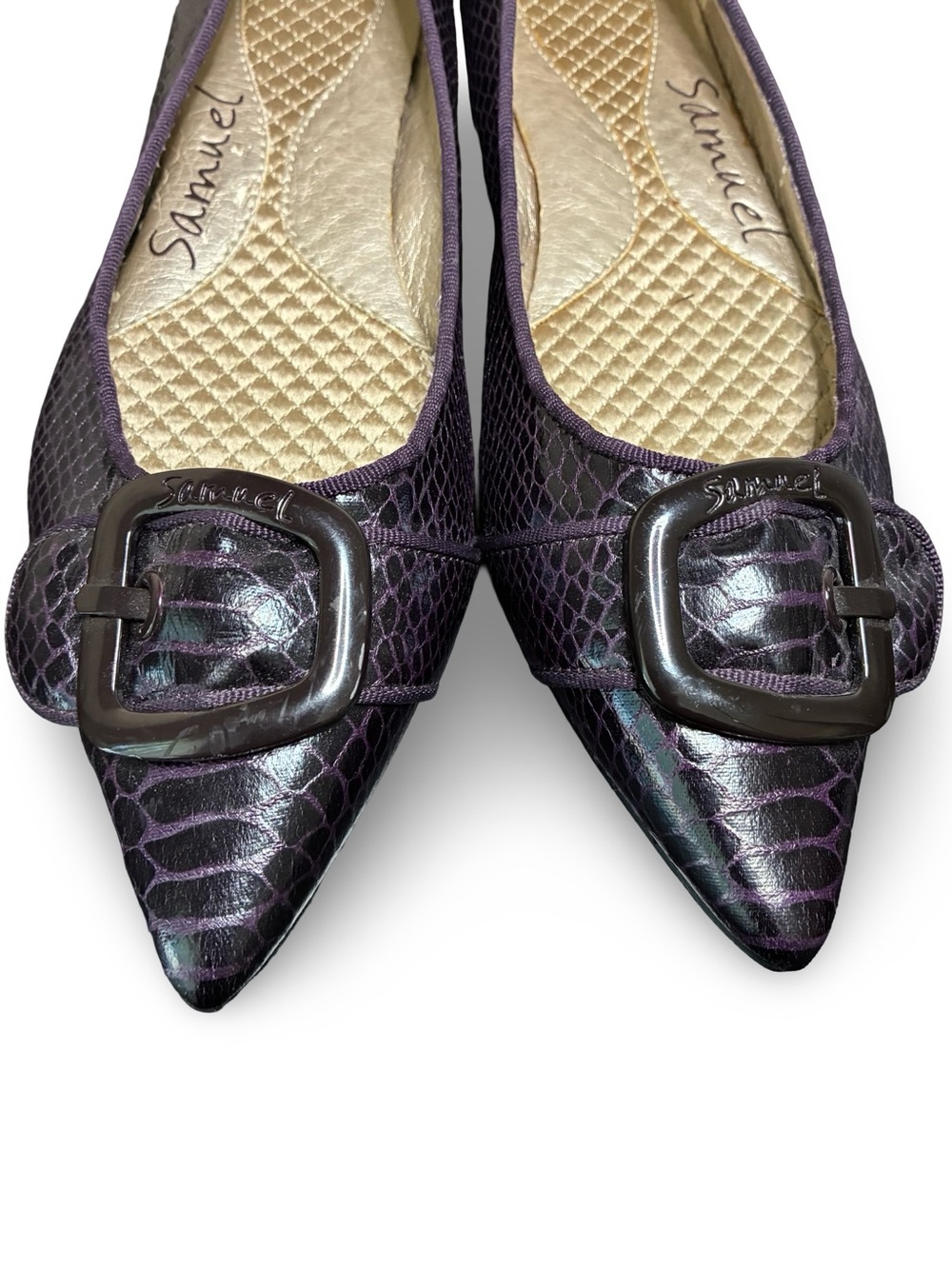 Metallic Purple Pointed Toe Buckle Flats
